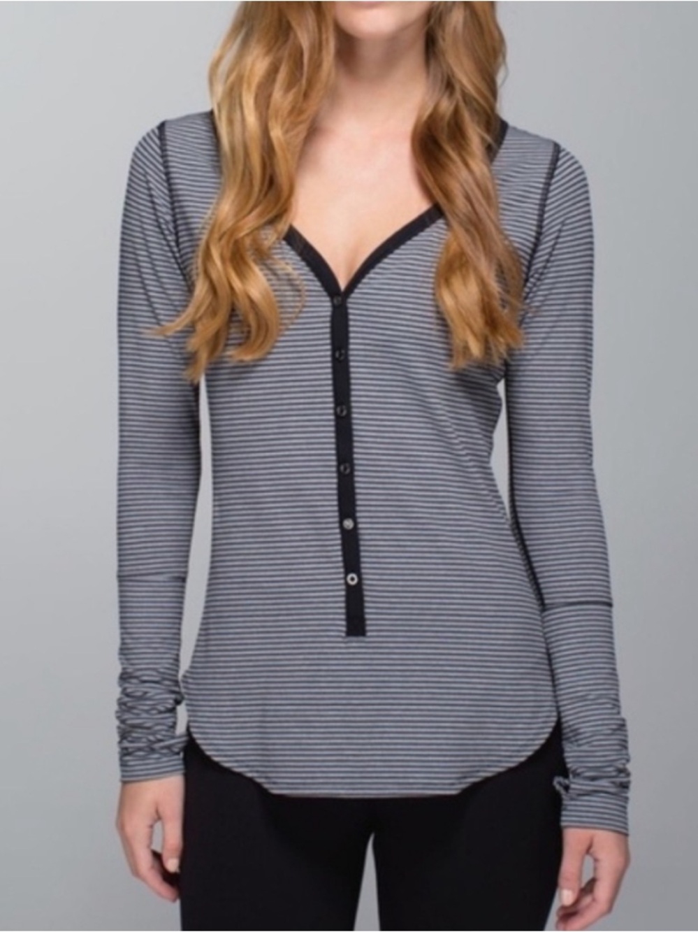 Lululemon Awesoma Henley Striped Black & Gray Long Sleeve Top
